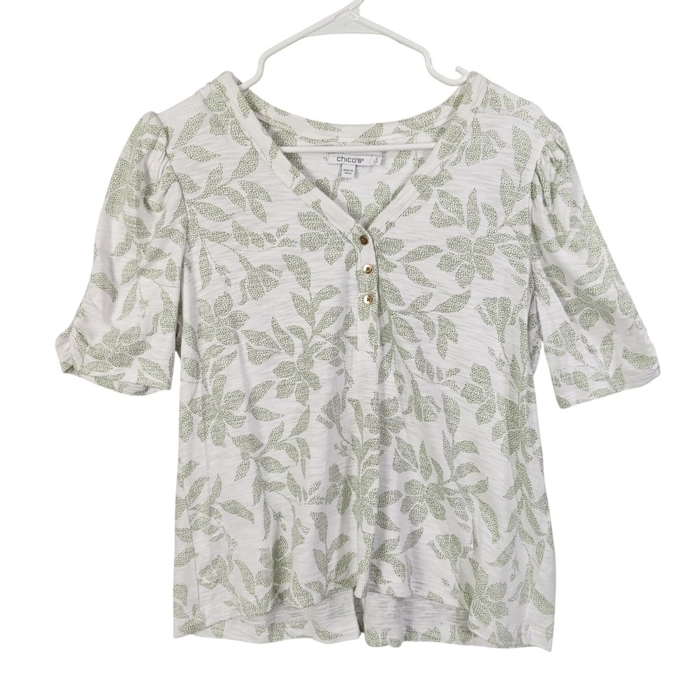 Chicos Womens Cottagecore Earthy Coastal Henley Top 2 L Green Floral Puff Sleeve